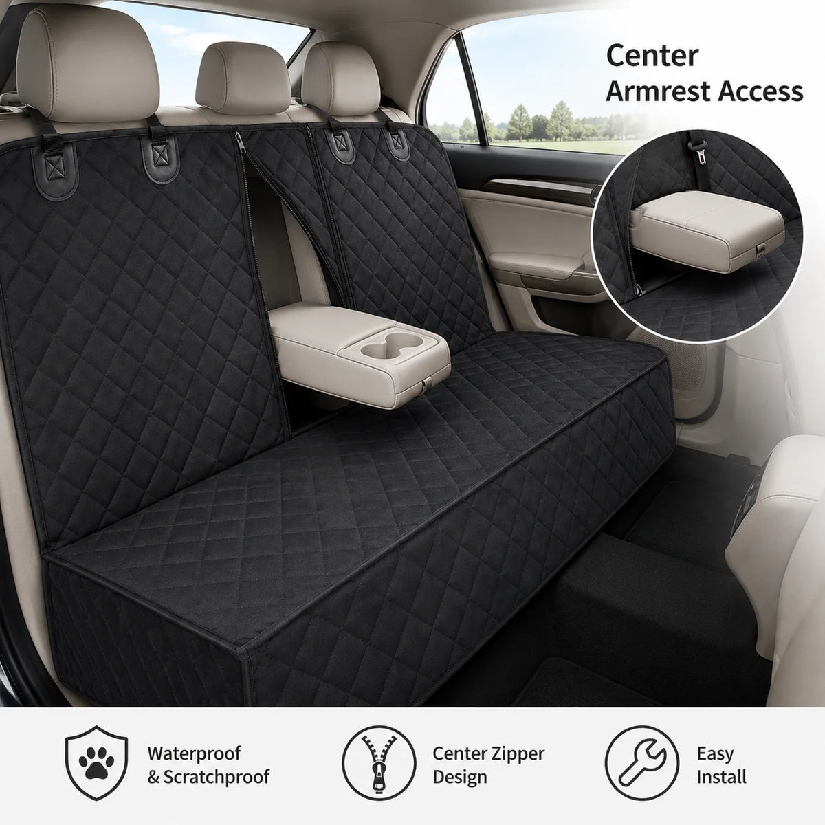 Waterproof Dog Car Seat Cover for Back Seat, Non-Slip Pet Hammock with Zippered Center Armrest Opening