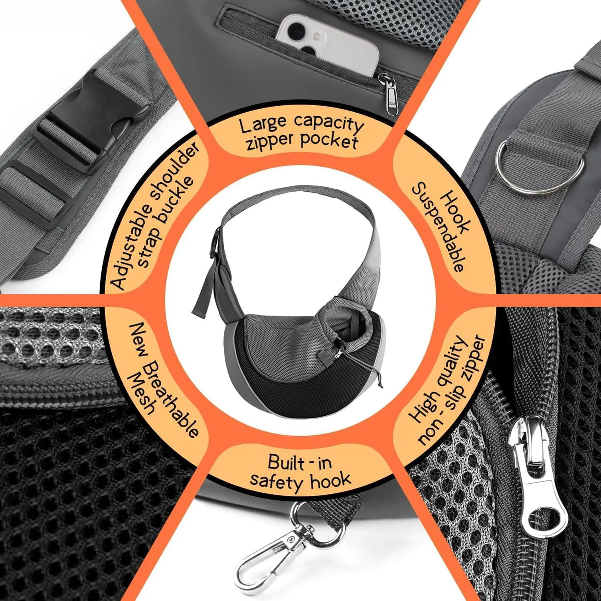 Pet Sling Carrier for Small Dogs & Cats – Hands-Free Puppy Carrier with Safety Hook, Large Zipper Pocket, Soft Breathable Mesh